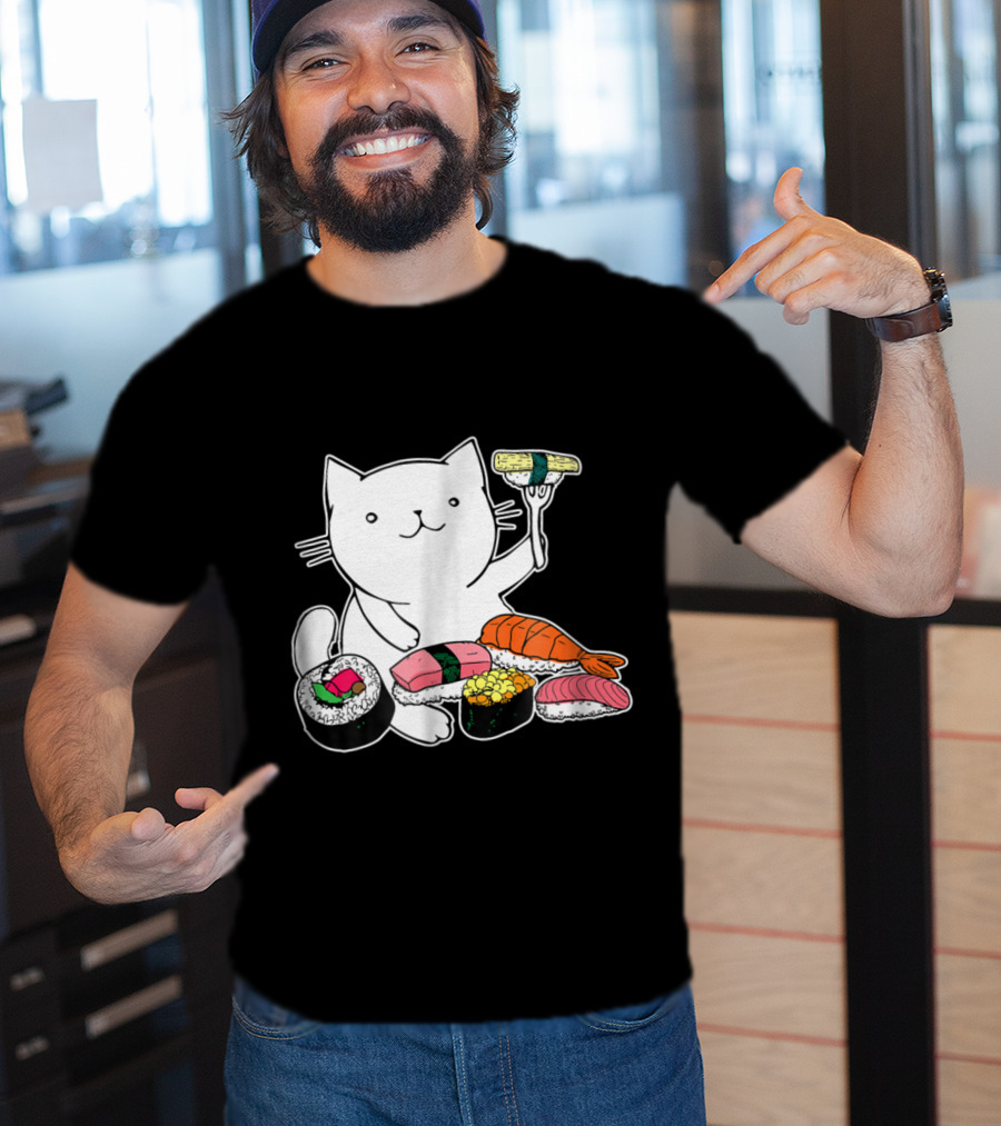 Playful Cat Enjoying Colorful Sushi Plate T-Shirt