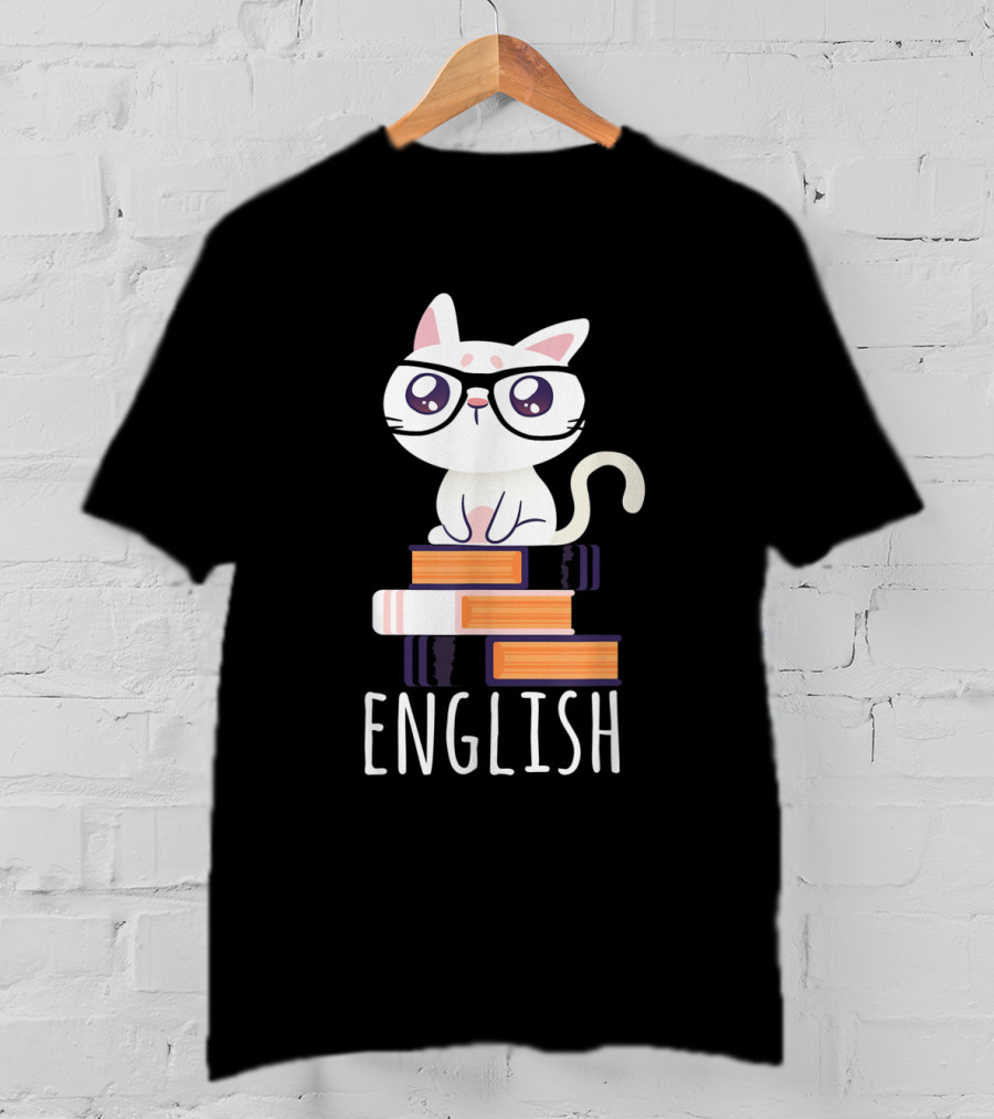 Funny Cat English Teacher Nerd Book Lover Librarian With Glasses And Books T-Shirt
