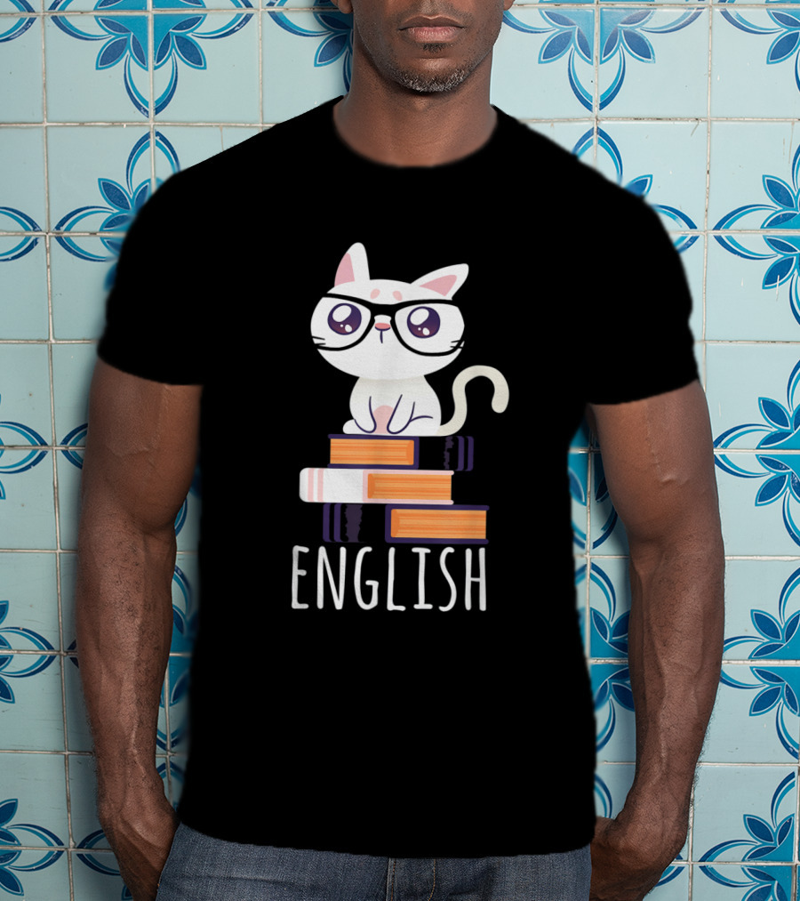 Funny Cat English Teacher Nerd Book Lover Librarian With Glasses And Books T-Shirt