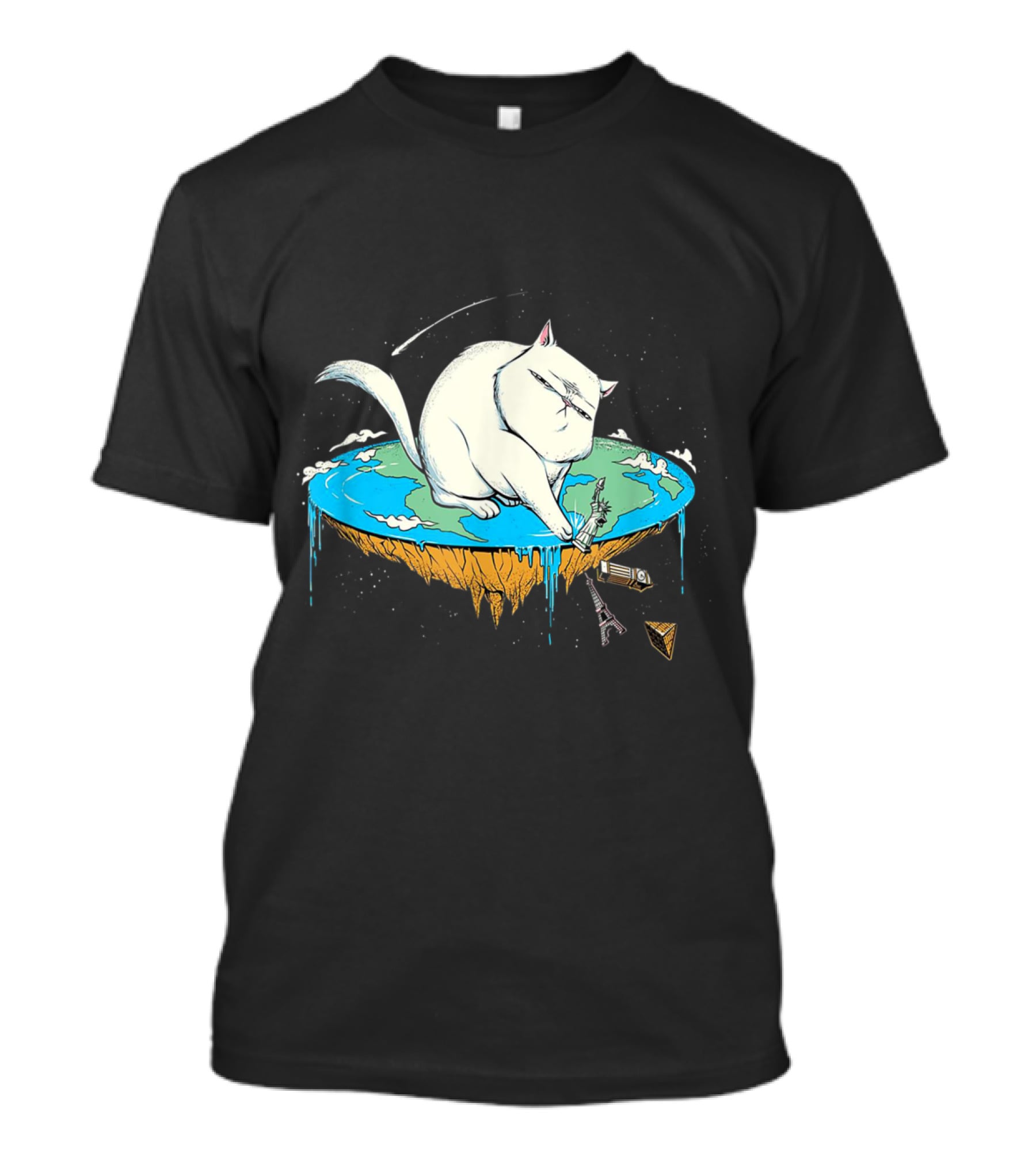 Cat Pawing Flat Earth With Iconic Landmarks For Humorous Cat Lovers T-Shirt