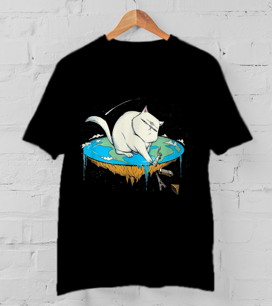 Cat Pawing Flat Earth With Iconic Landmarks For Humorous Cat Lovers T-Shirt