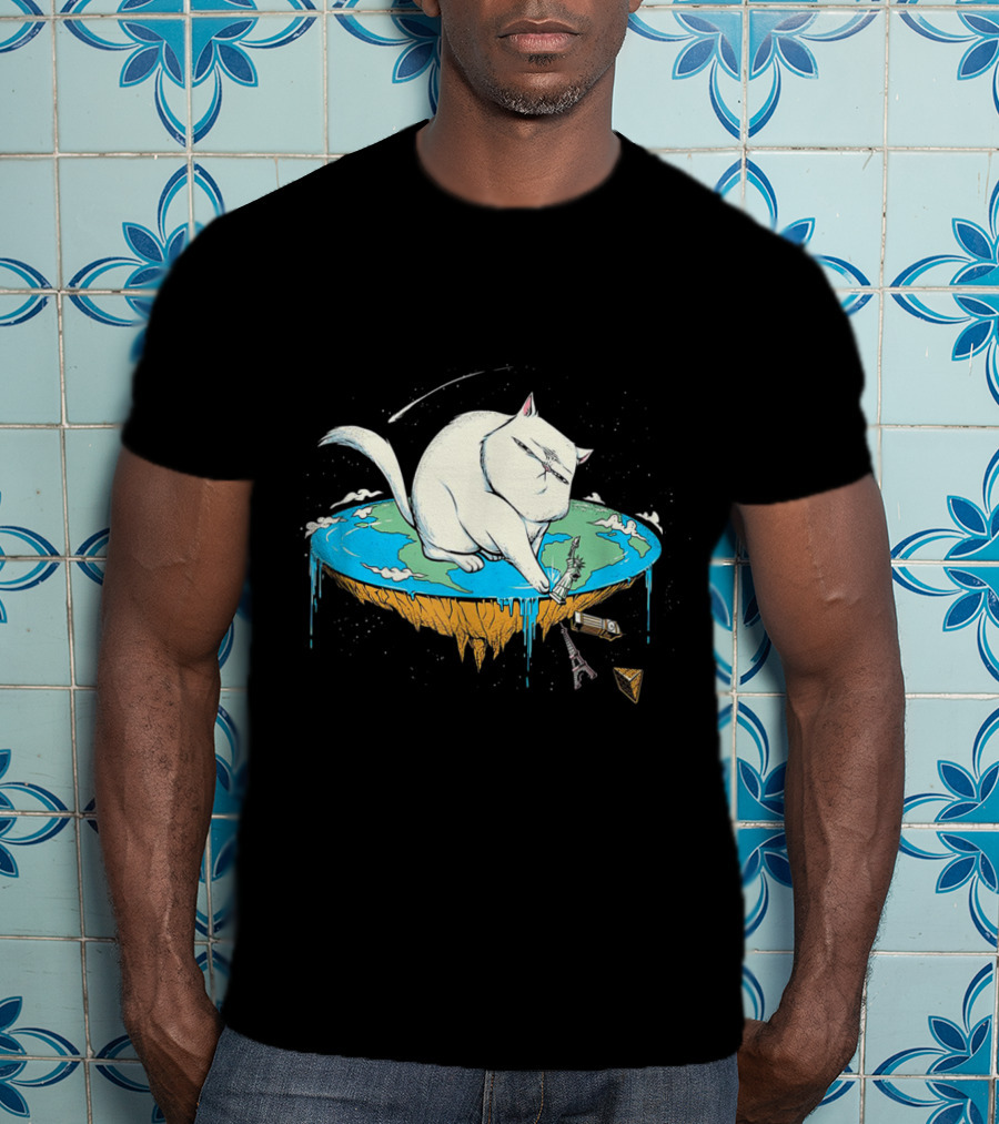 Cat Pawing Flat Earth With Iconic Landmarks For Humorous Cat Lovers T-Shirt