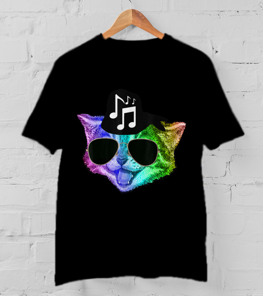 Colorful Rainbow DJ Music Kitty With Sunglasses And Hat For Feline Cat Lovers T-Shirt