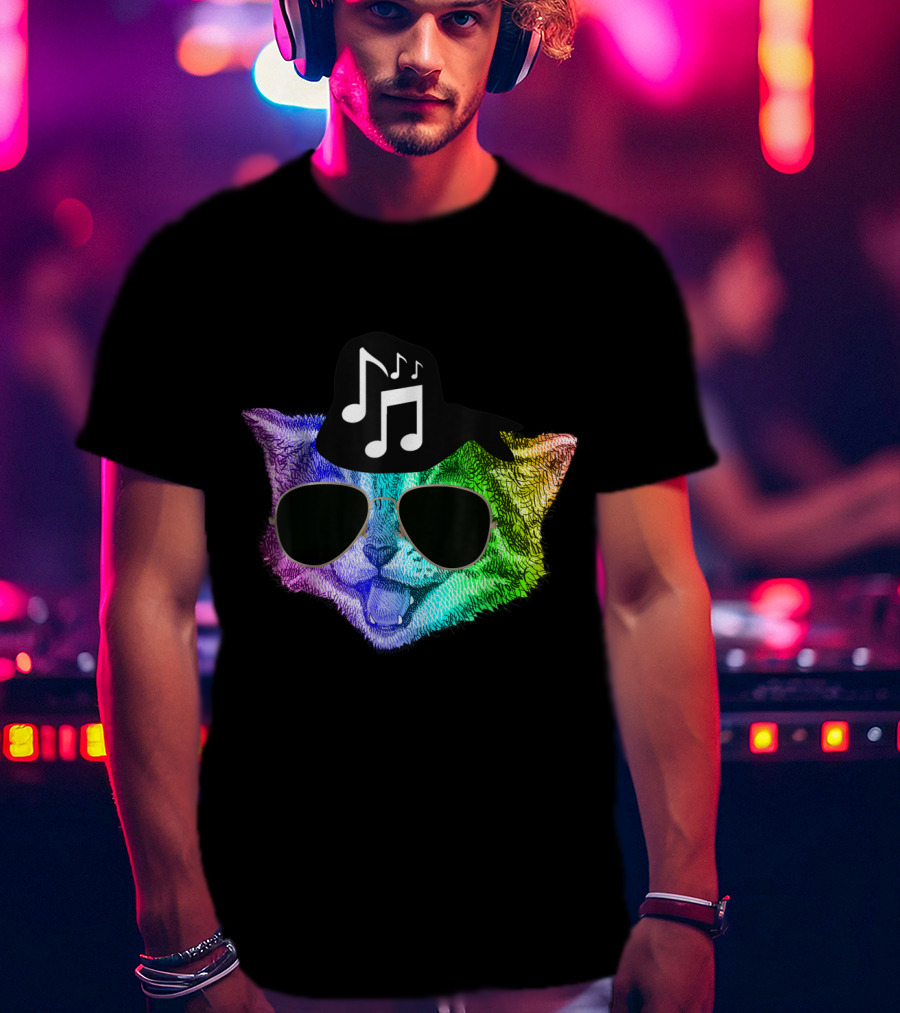 Colorful Rainbow DJ Music Kitty With Sunglasses And Hat For Feline Cat Lovers T-Shirt