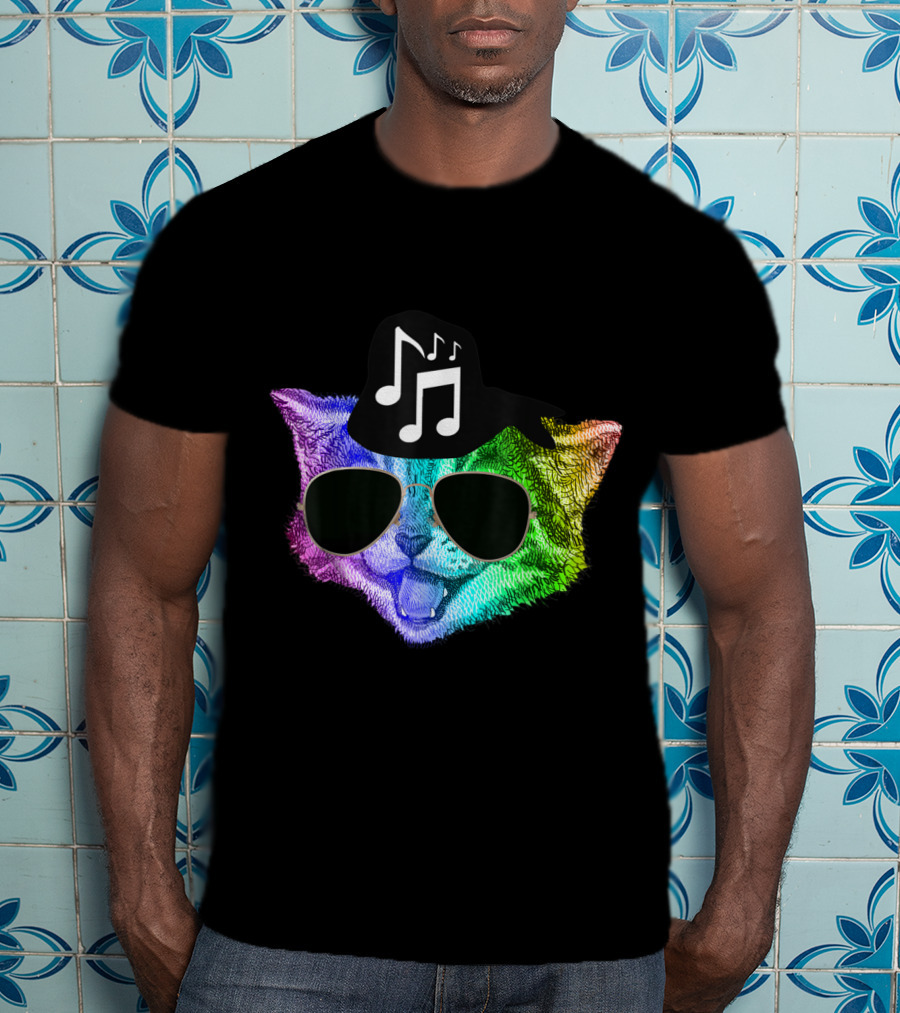 Colorful Rainbow DJ Music Kitty With Sunglasses And Hat For Feline Cat Lovers T-Shirt