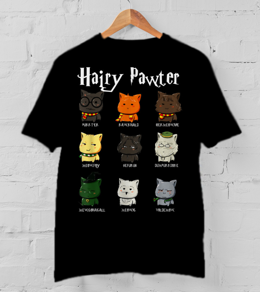 Hairy Pawter Purrter Rawrnald Hermeowne Meowfoy Seferus Dumblepurr Meowgonagall Meowg VoldeMew T-Shirt