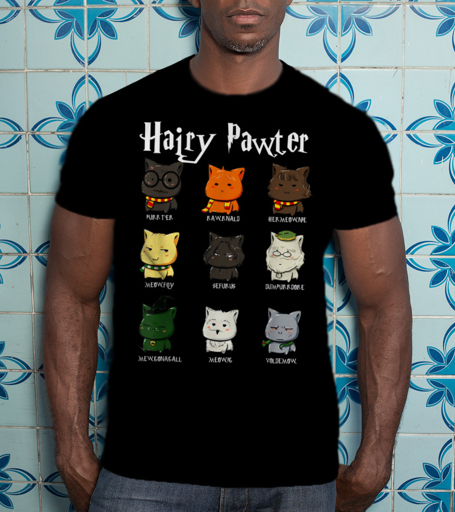Hairy Pawter Purrter Rawrnald Hermeowne Meowfoy Seferus Dumblepurr Meowgonagall Meowg VoldeMew T-Shirt