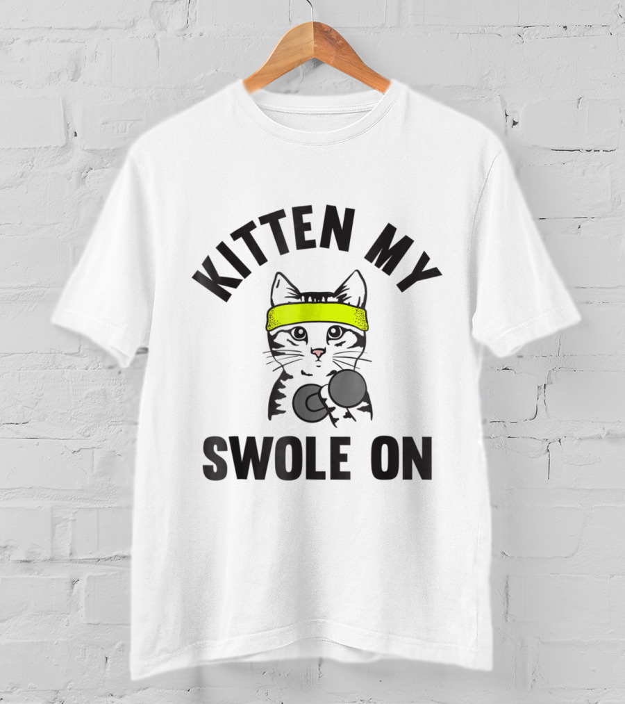 Kitten My Swole On Funny Cat Lover Gym Workout With Dumbbell And Neon Headband T-Shirt