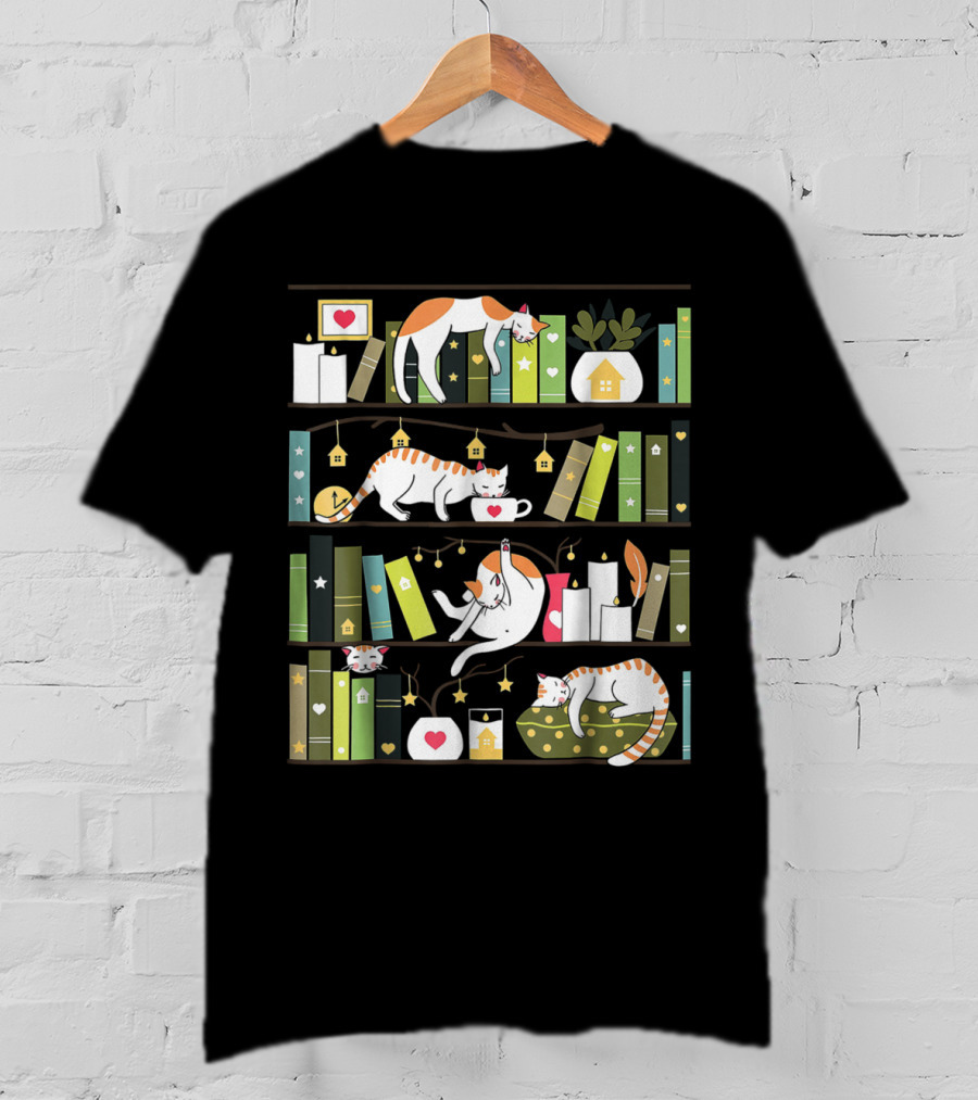 Library Cats Delightful Shelves Adorable Cats Book Lovers Day Charm T-Shirt