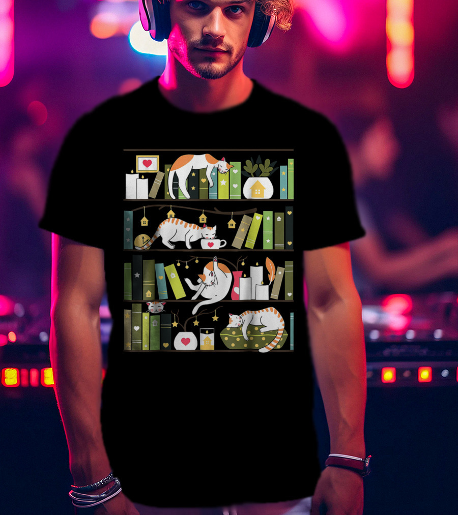 Library Cats Delightful Shelves Adorable Cats Book Lovers Day Charm T-Shirt