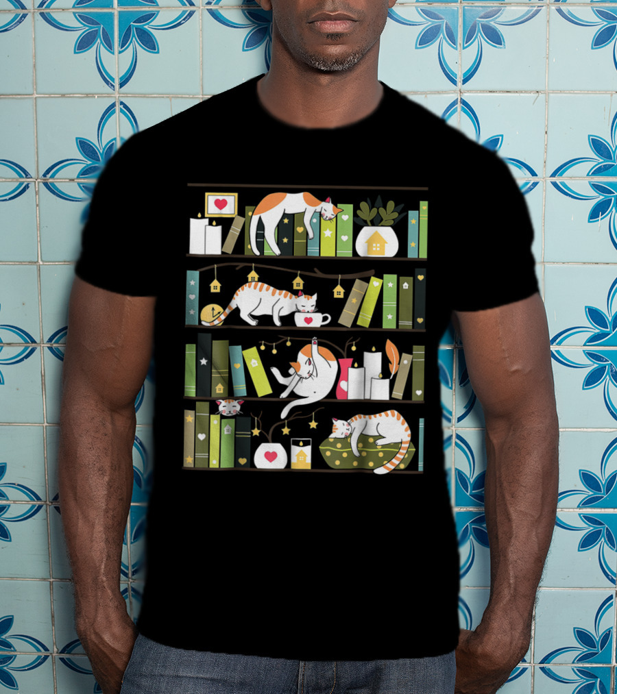 Library Cats Delightful Shelves Adorable Cats Book Lovers Day Charm T-Shirt