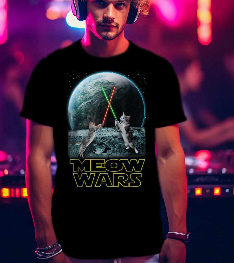 Meow Wars Funny Cats Lovers Galactic Duel With Light Sabers T-Shirt