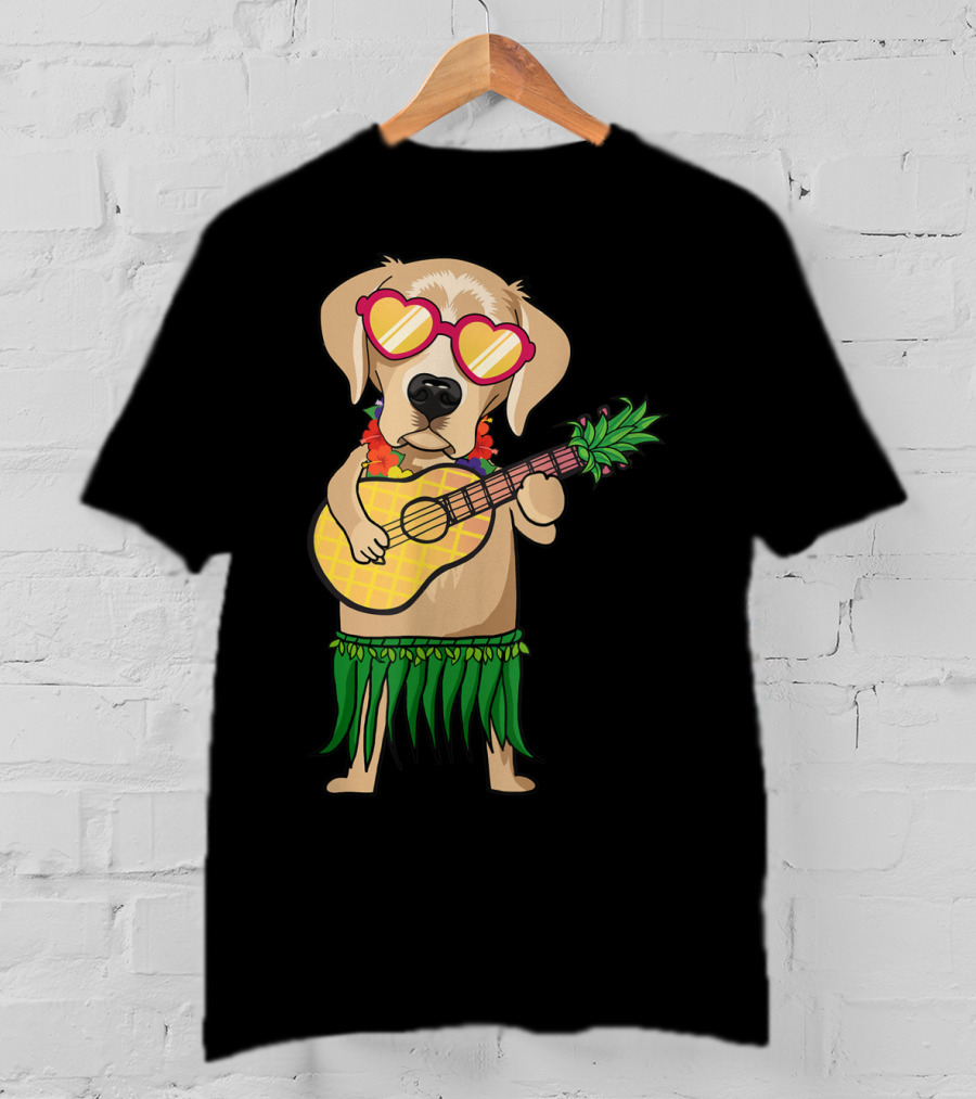 Labrador Retriever Ukulele Playing In Hawaiian Costume With Sunglasses Summer Vibes T-Shirt