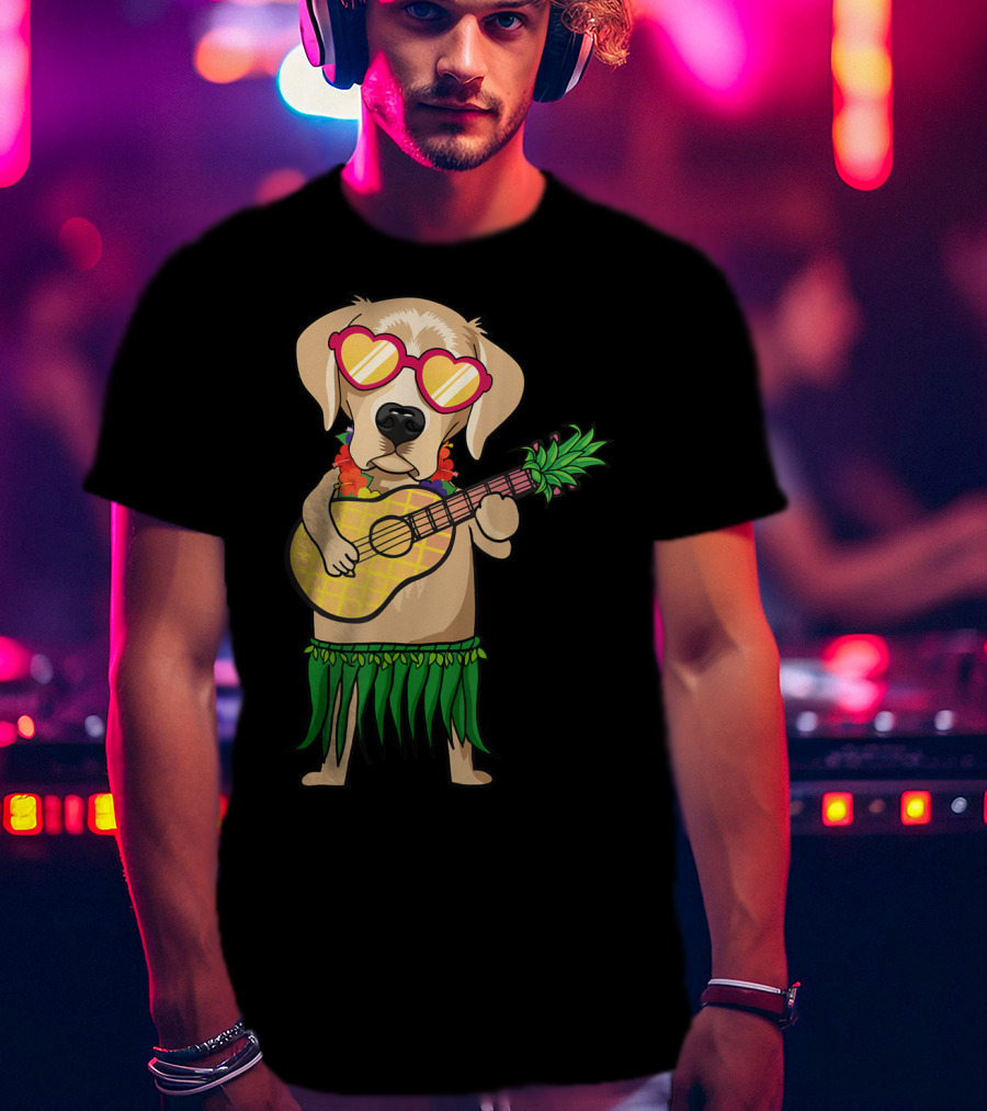 Labrador Retriever Ukulele Playing In Hawaiian Costume With Sunglasses Summer Vibes T-Shirt