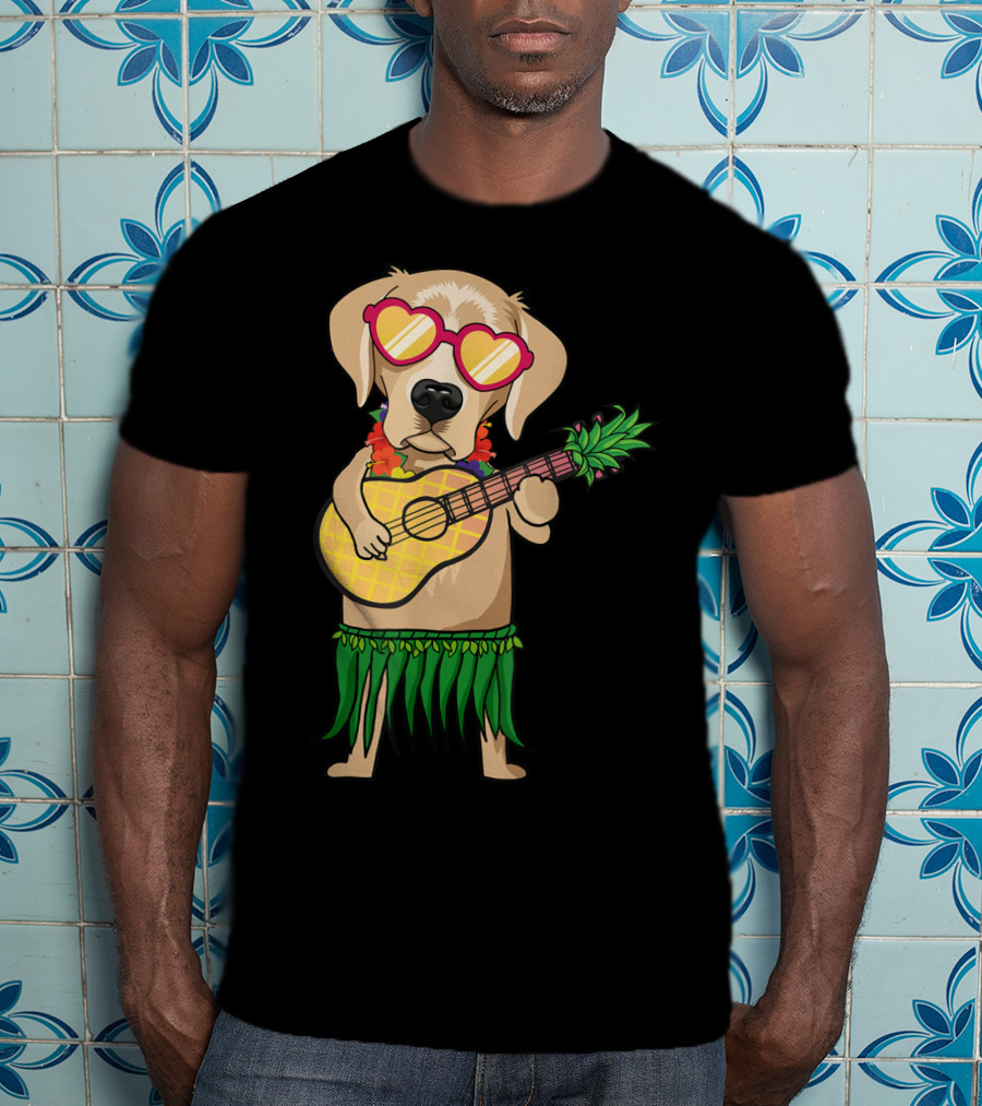 Labrador Retriever Ukulele Playing In Hawaiian Costume With Sunglasses Summer Vibes T-Shirt