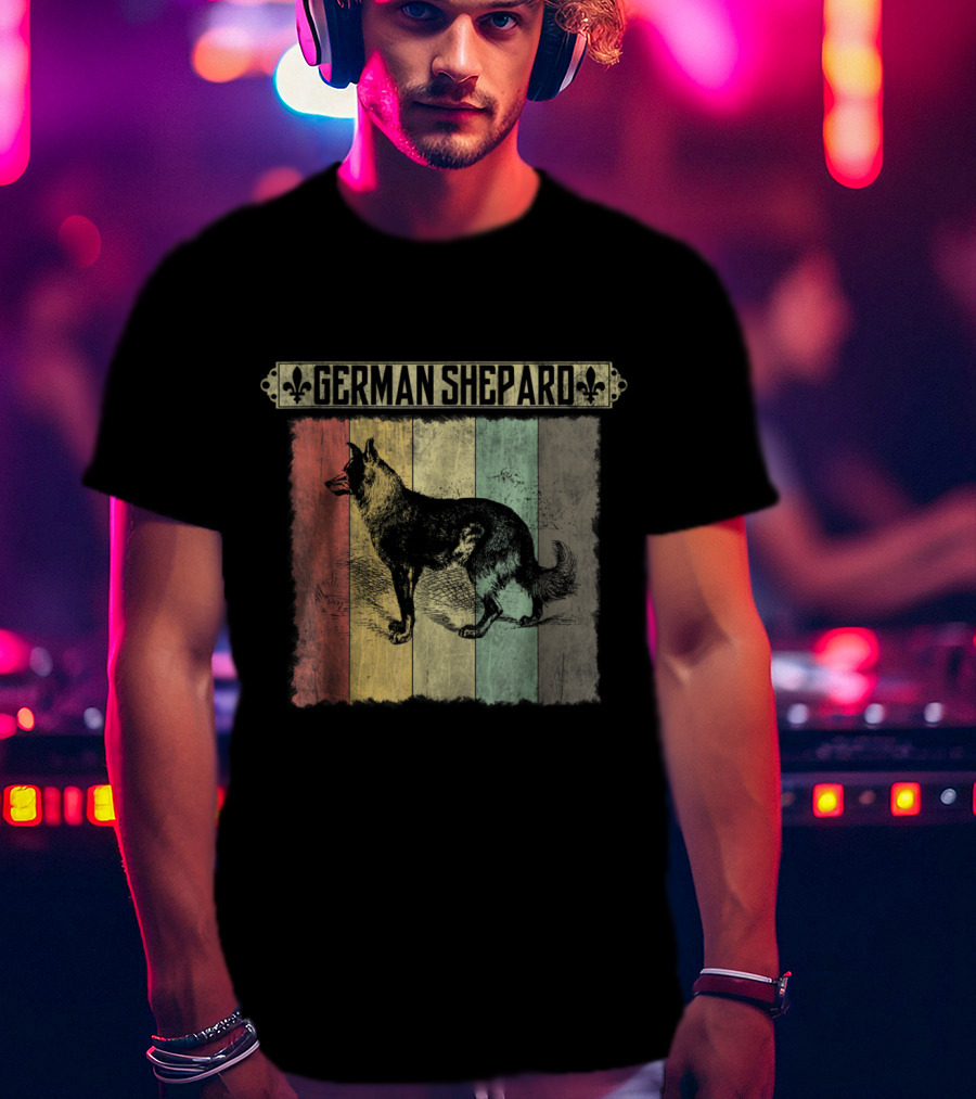 German Shepard Vintage Retro Distressed Style With Colorful Stripes T-Shirt