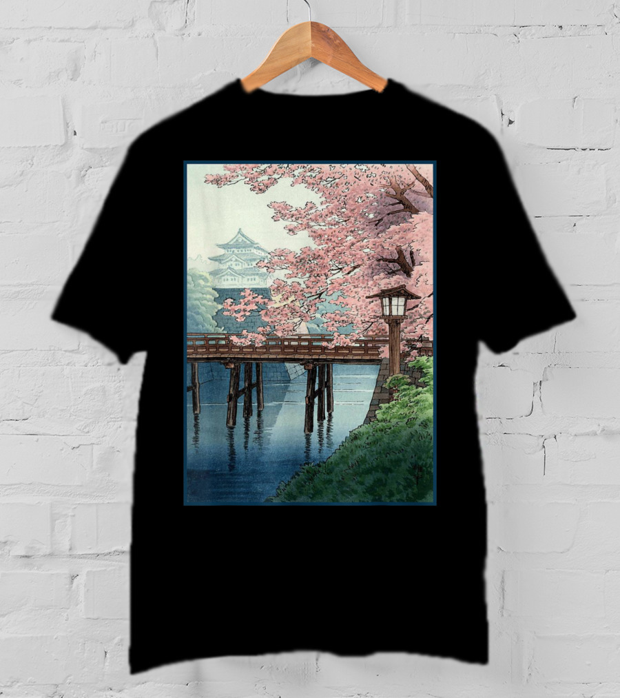 Japanese Cherry Blossom Woodblock Bridge And Pagoda Scene T-Shirt