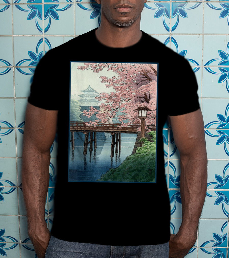 Japanese Cherry Blossom Woodblock Bridge And Pagoda Scene T-Shirt