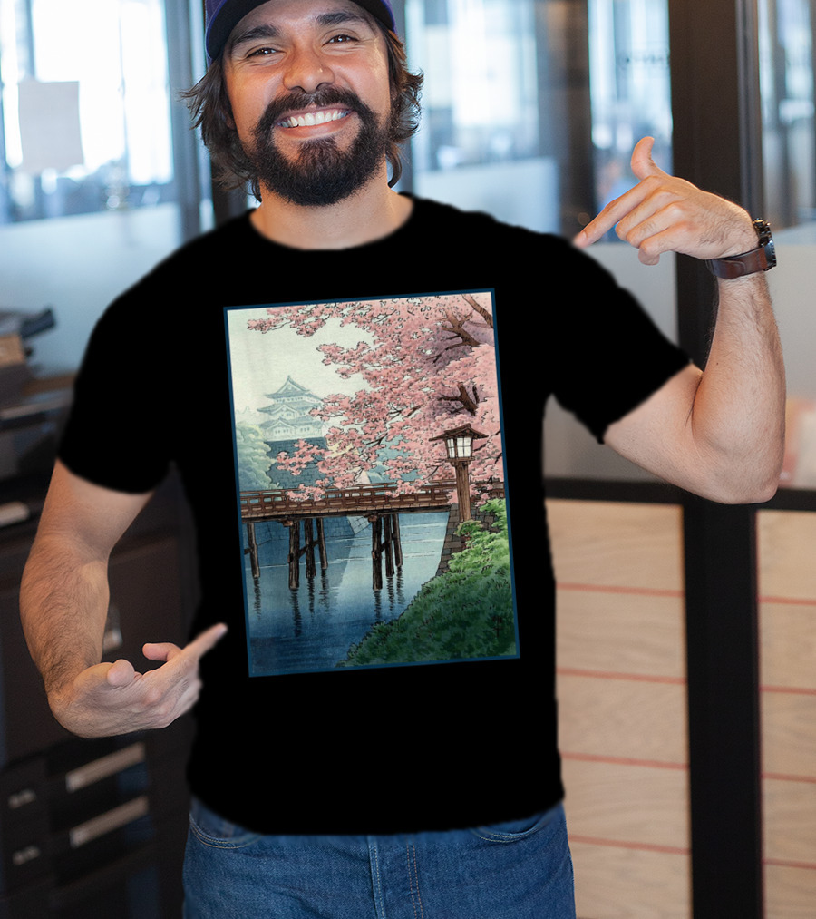 Japanese Cherry Blossom Woodblock Bridge And Pagoda Scene T-Shirt