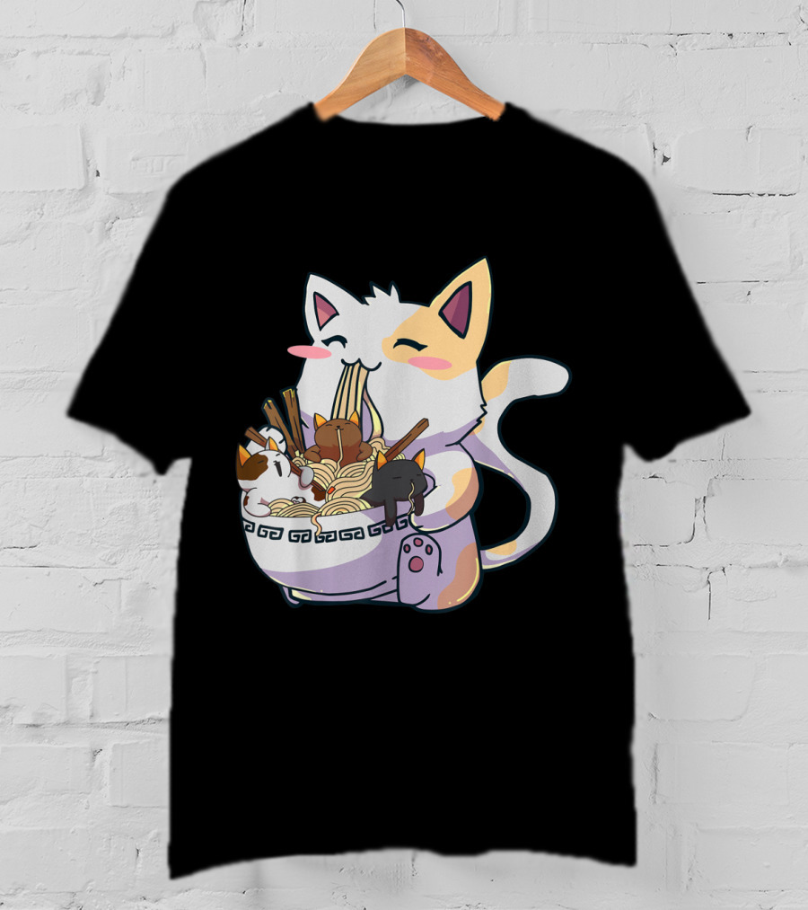 Kawaii Neko Cat With Ramen Bowl Anime Japanese Noodles And Chopsticks T-Shirt