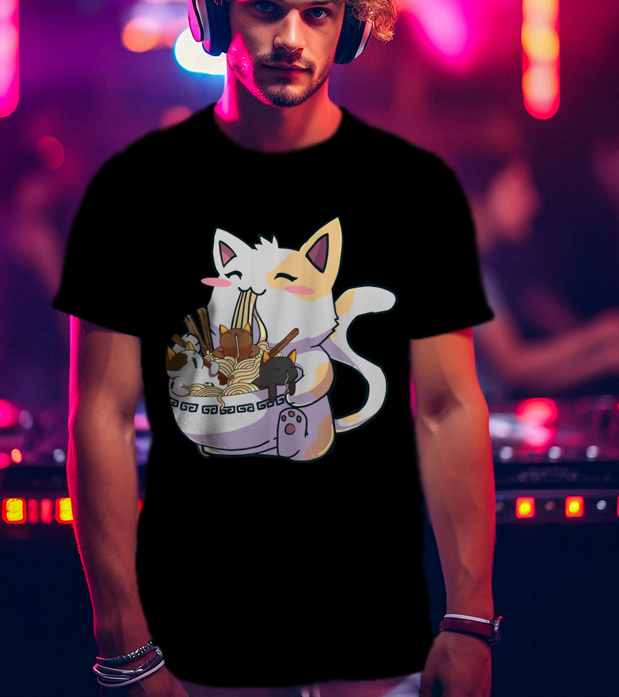 Kawaii Neko Cat With Ramen Bowl Anime Japanese Noodles And Chopsticks T-Shirt