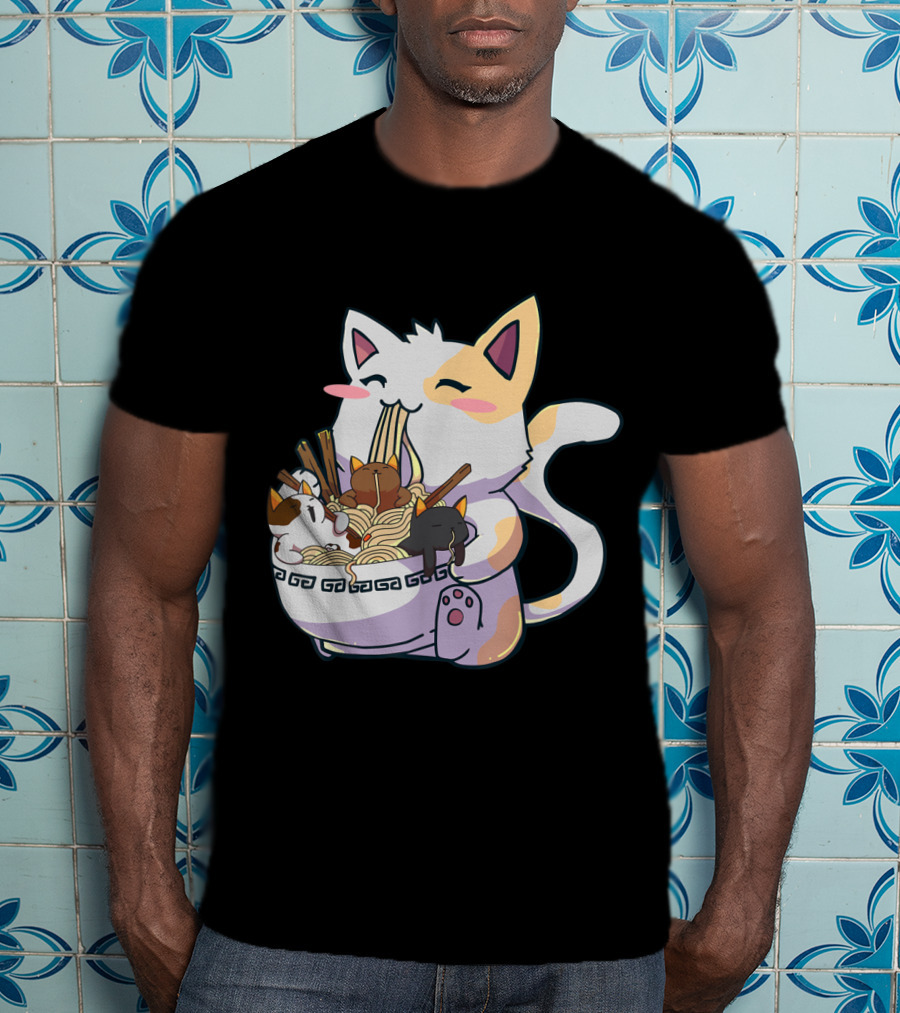 Kawaii Neko Cat With Ramen Bowl Anime Japanese Noodles And Chopsticks T-Shirt