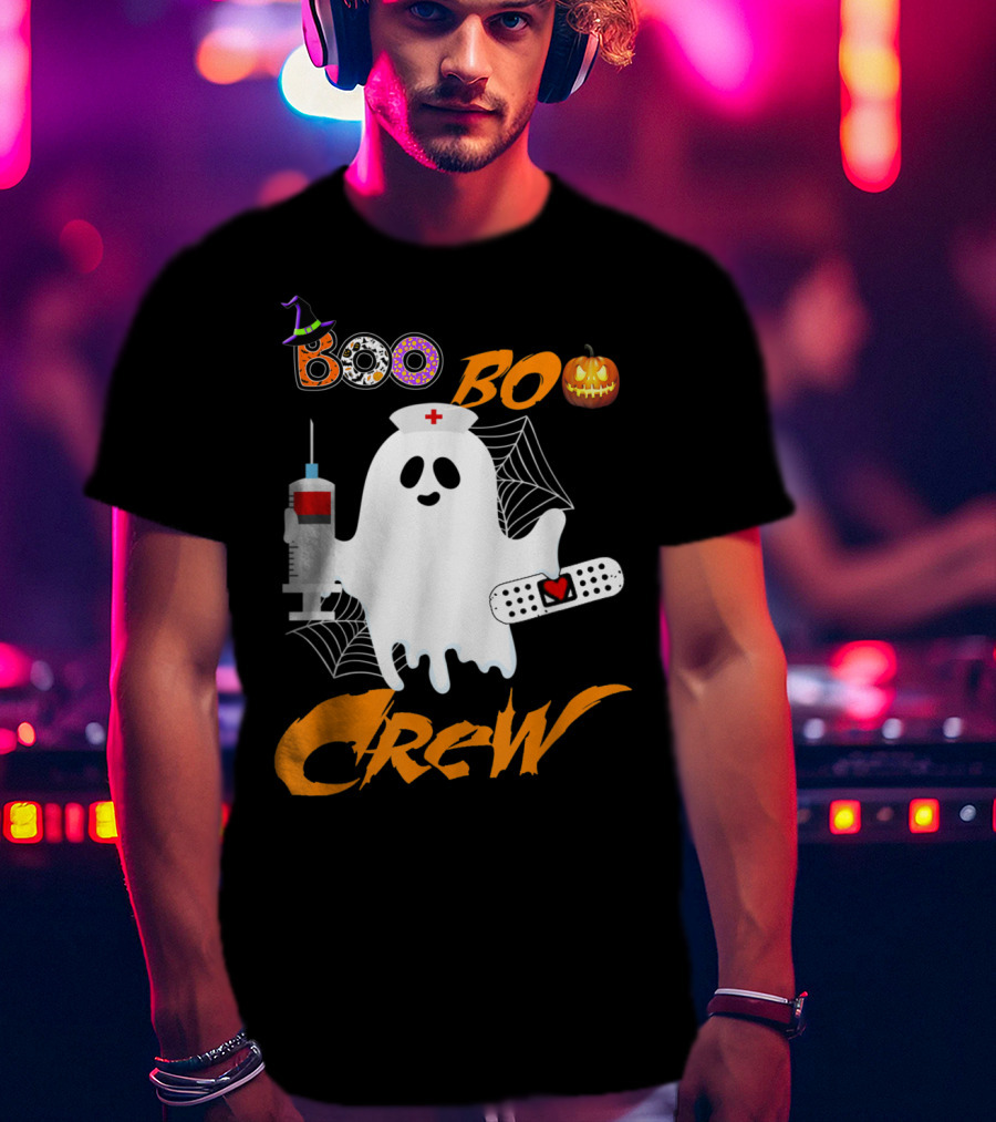 Boo Boo Crew Nurse Ghost Funny Halloween Costume With Syringe And Spider Webs T-Shirt