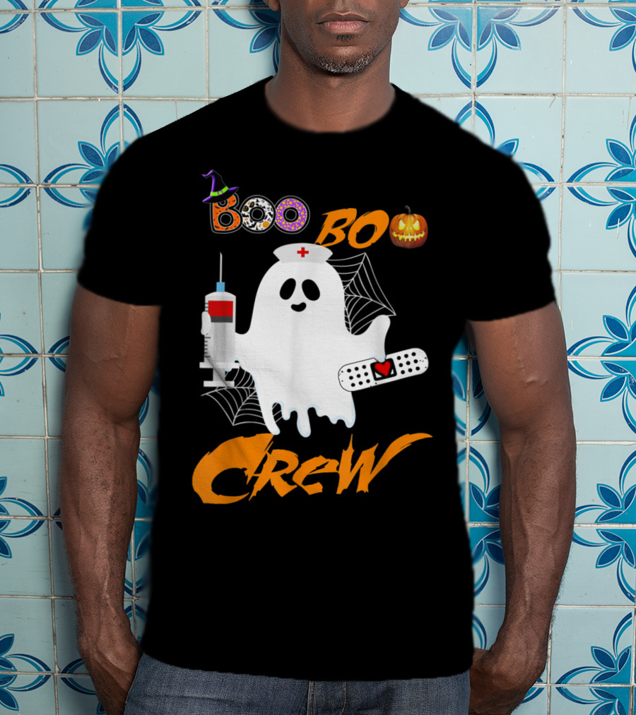 Boo Boo Crew Nurse Ghost Funny Halloween Costume With Syringe And Spider Webs T-Shirt
