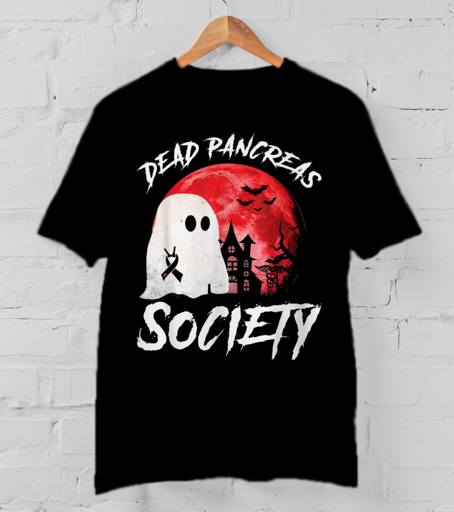 Dead Pancreas Society Halloween Ghost With Diabetes Awareness Ghostly Castle And Blood Moon T-Shirt