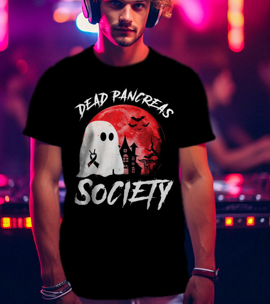 Dead Pancreas Society Halloween Ghost With Diabetes Awareness Ghostly Castle And Blood Moon T-Shirt