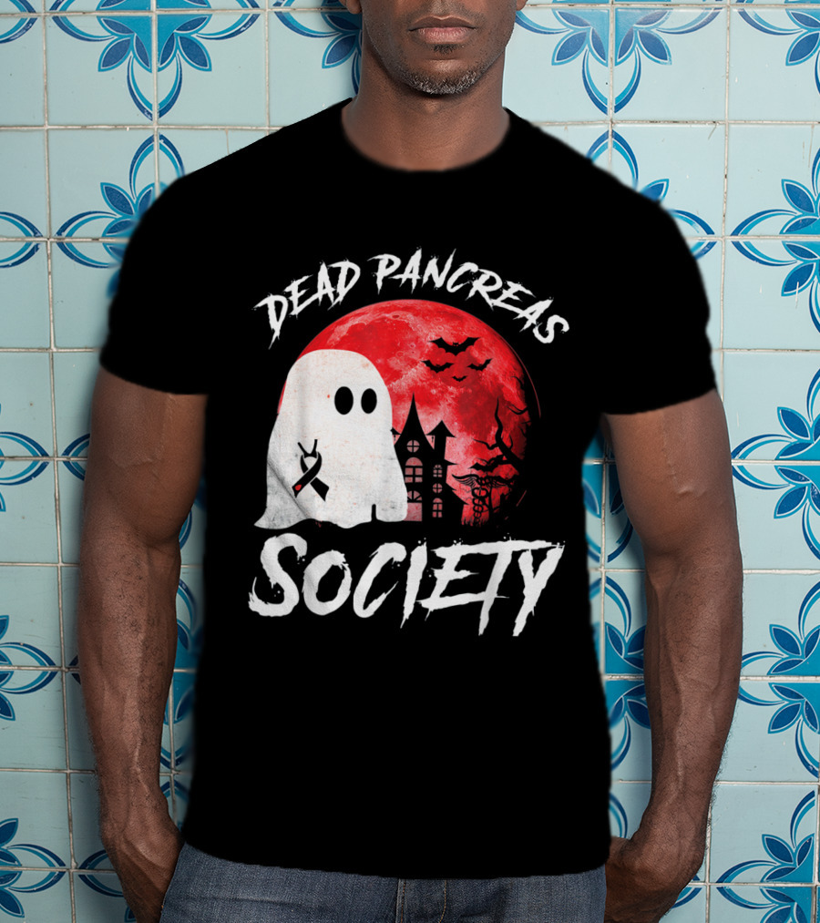 Dead Pancreas Society Halloween Ghost With Diabetes Awareness Ghostly Castle And Blood Moon T-Shirt