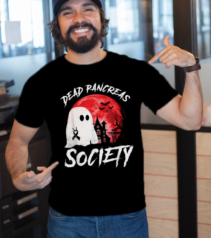 Dead Pancreas Society Halloween Ghost With Diabetes Awareness Ghostly Castle And Blood Moon T-Shirt