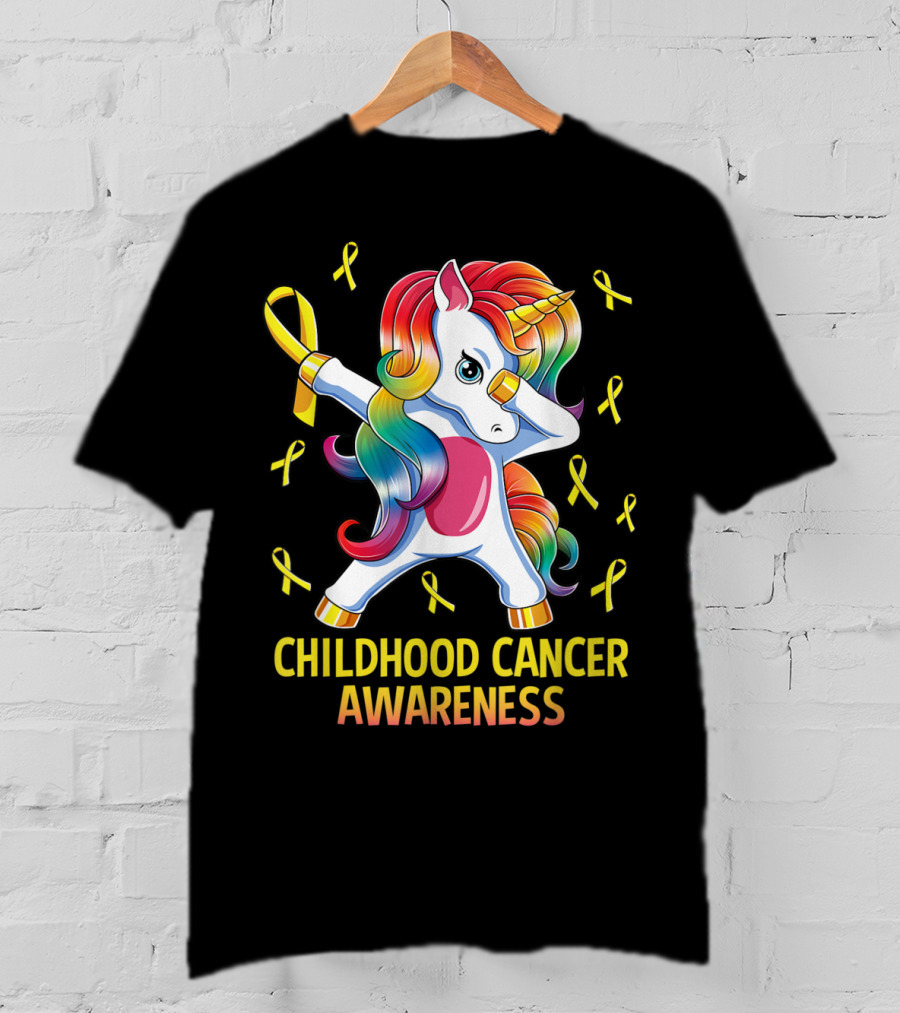 Dabbing Unicorn Childhood Cancer Awareness Ribbons T-Shirt