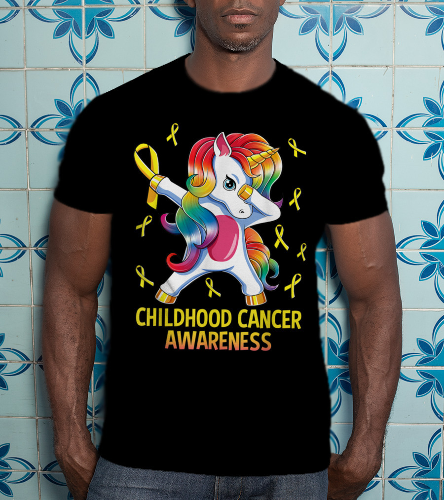 Dabbing Unicorn Childhood Cancer Awareness Ribbons T-Shirt