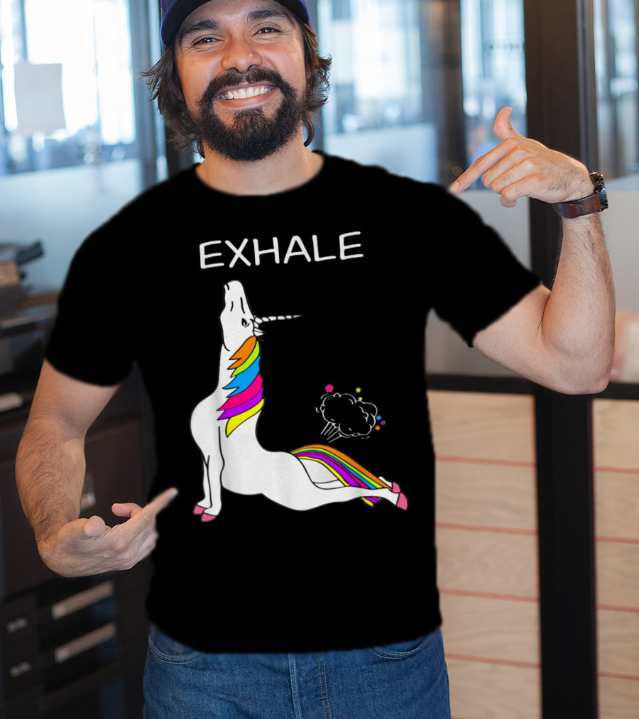 EXHALE Yoga Unicorn Funny Yoga Unicorn Exhale Fart Rainbow T-Shirt