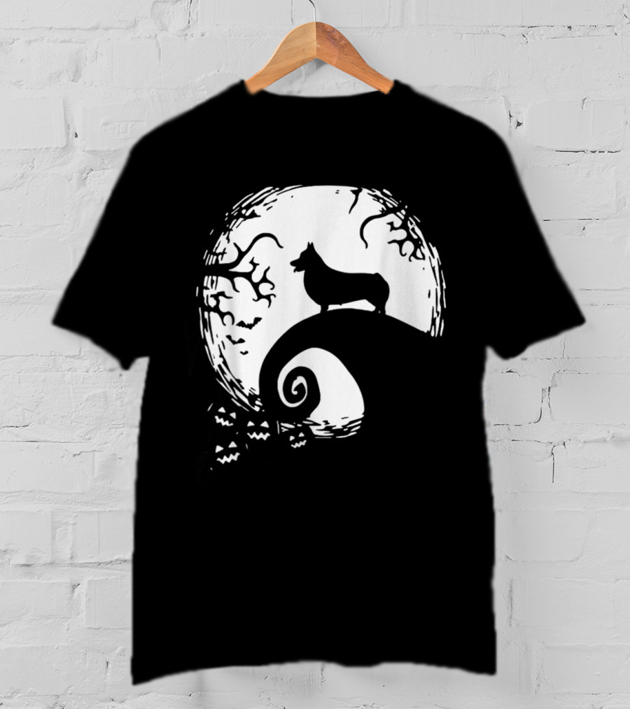 Cardigan Welsh Corgi Howling On Spiraled Hill Under Full Moon With Creepy Trees And Bats T-Shirt