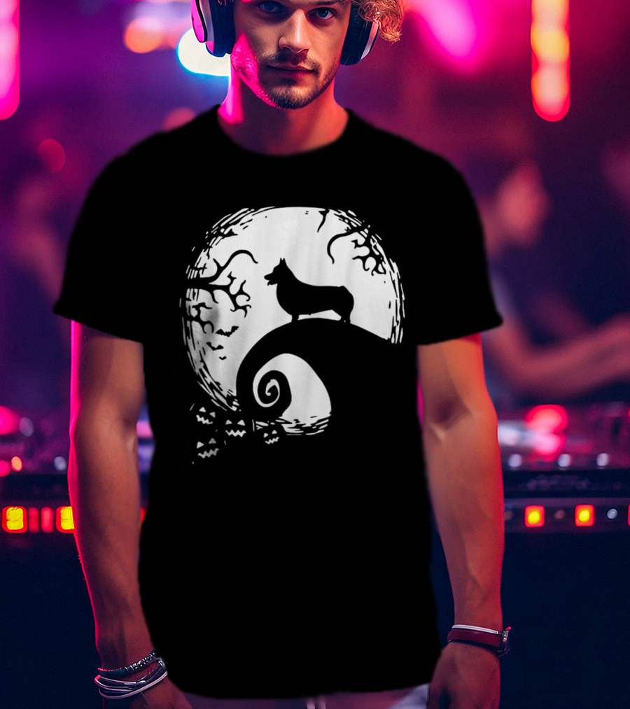 Cardigan Welsh Corgi Howling On Spiraled Hill Under Full Moon With Creepy Trees And Bats T-Shirt