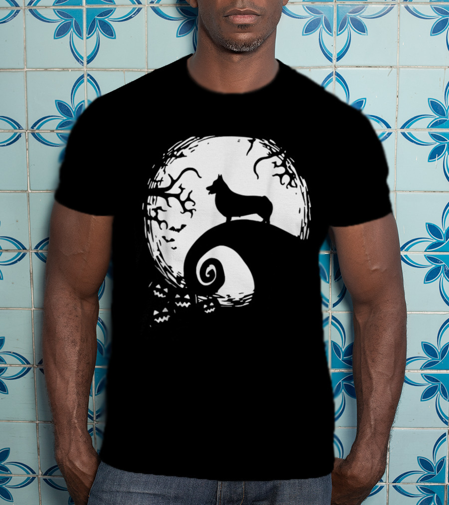 Cardigan Welsh Corgi Howling On Spiraled Hill Under Full Moon With Creepy Trees And Bats T-Shirt