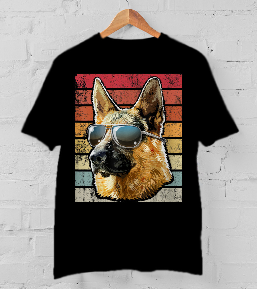 Retro Vintage German Shepherd Dog Sunglasses Stripes T-Shirt