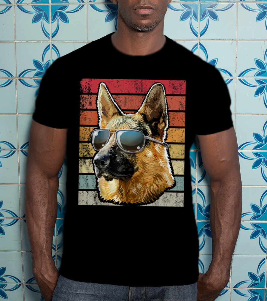 Retro Vintage German Shepherd Dog Sunglasses Stripes T-Shirt