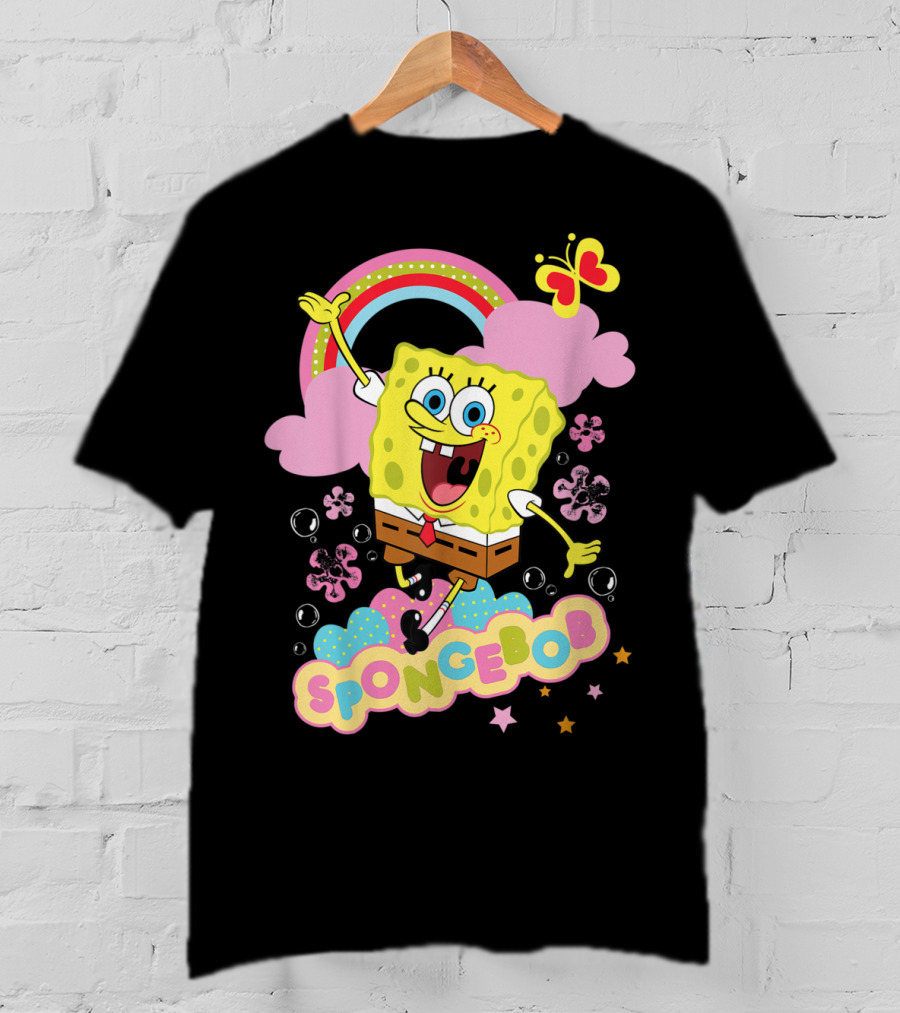 SpongeBob SquarePants Rainbow Clouds Bubbles Butterfly Flowers Stars T-Shirt