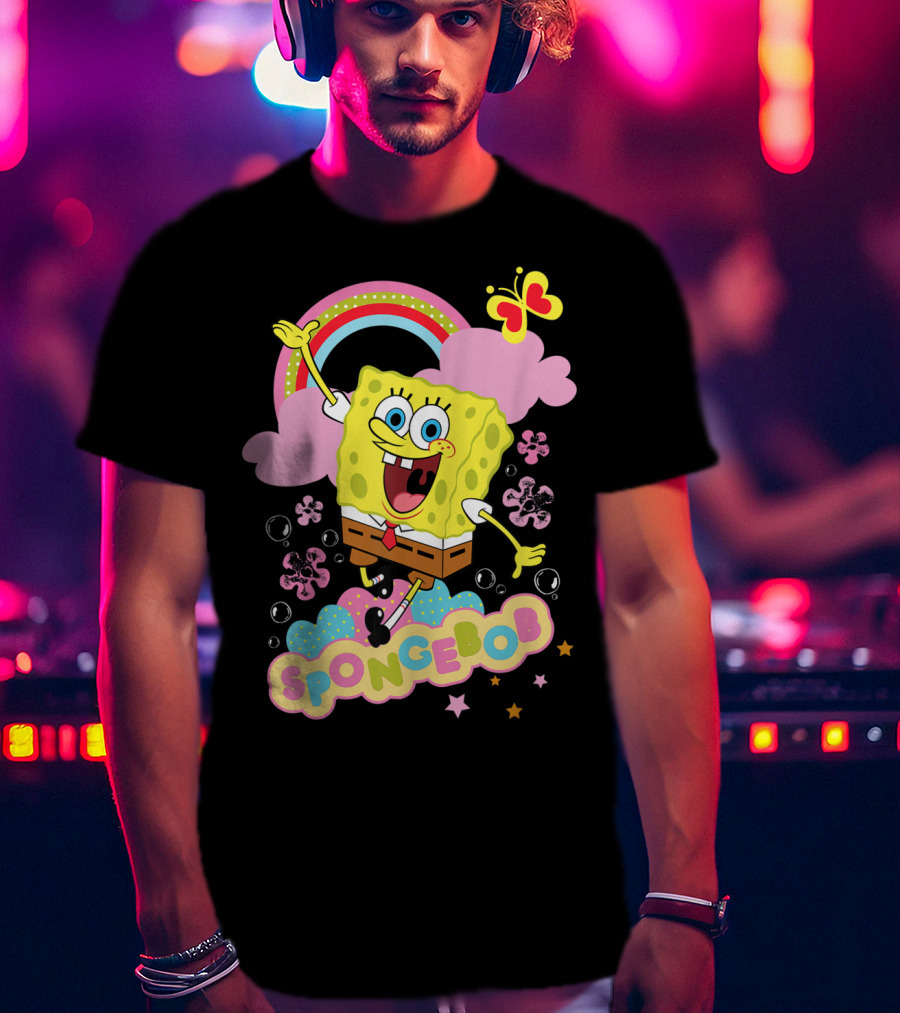 SpongeBob SquarePants Rainbow Clouds Bubbles Butterfly Flowers Stars T-Shirt