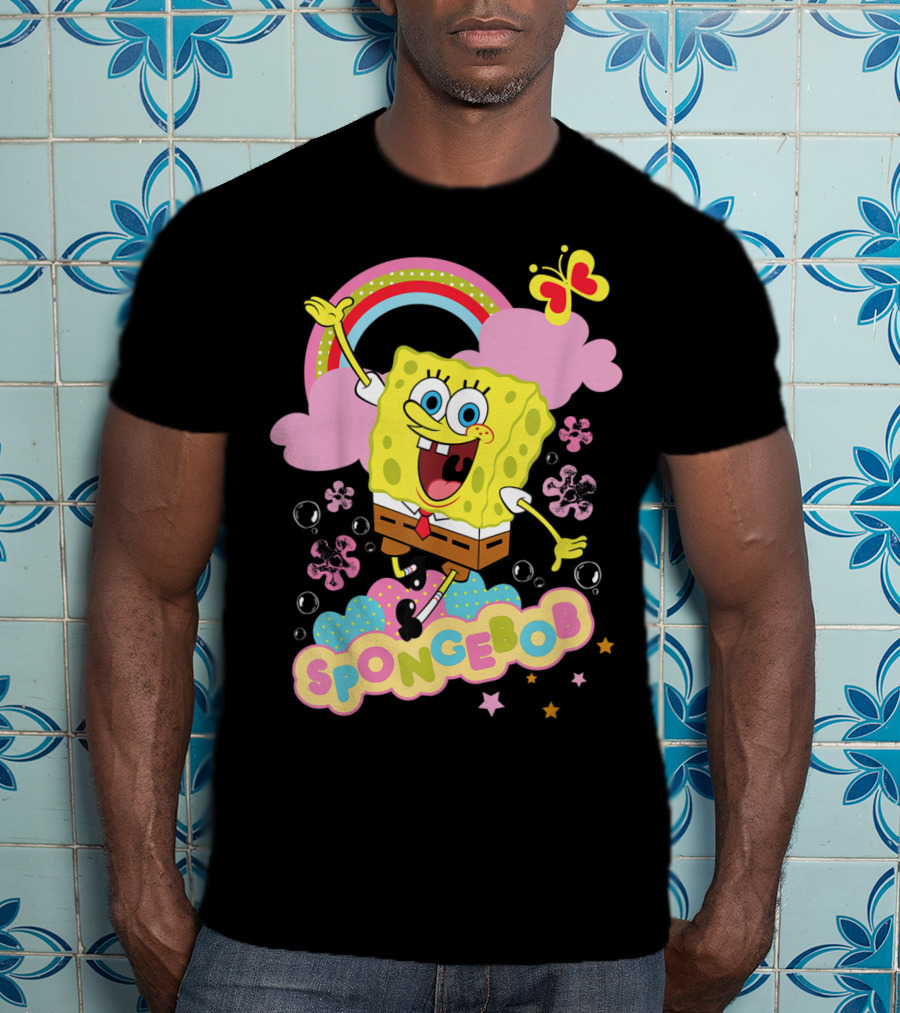 SpongeBob SquarePants Rainbow Clouds Bubbles Butterfly Flowers Stars T-Shirt