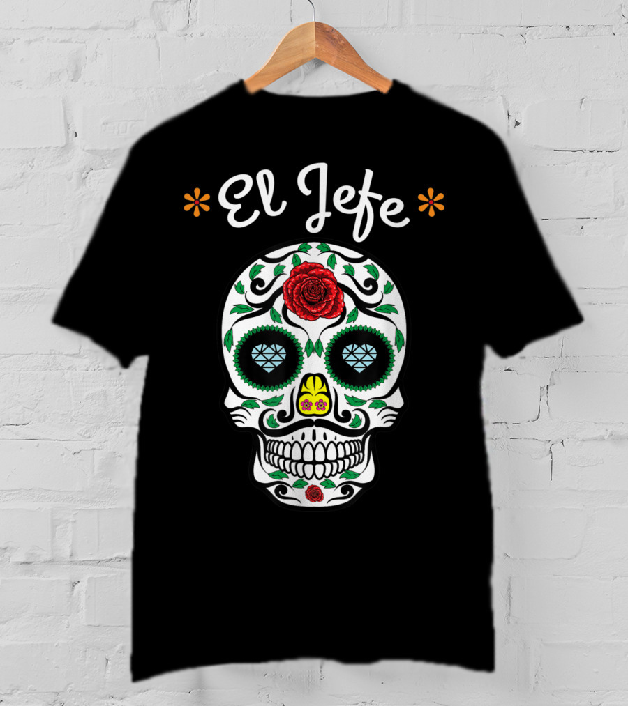 El Jefe Dia De Los Muertos Sugar Skull Art Featuring Floral And Rose Accents T-Shirt