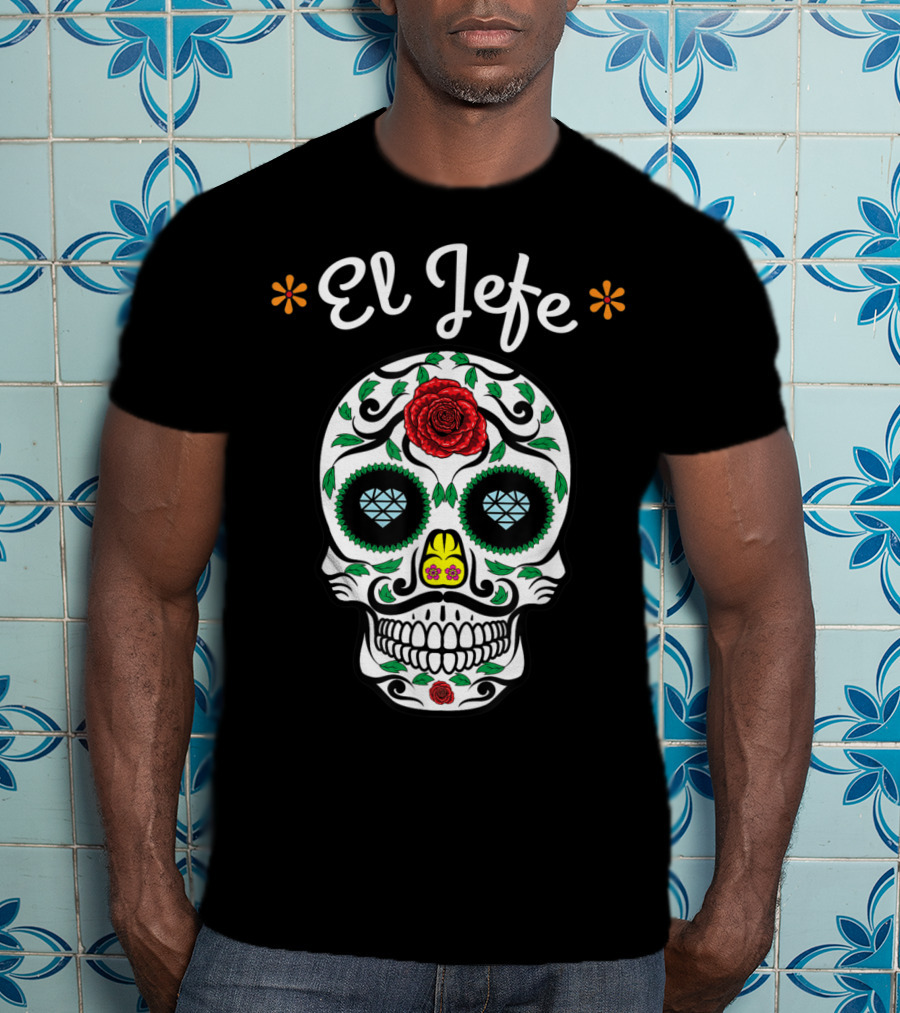El Jefe Dia De Los Muertos Sugar Skull Art Featuring Floral And Rose Accents T-Shirt