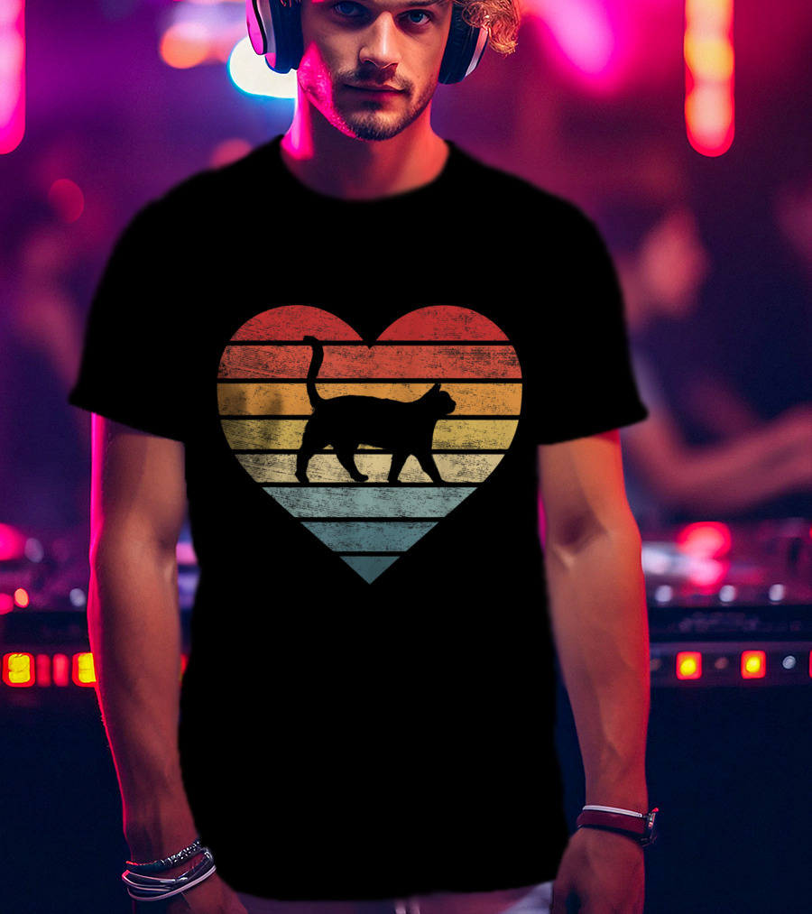 Vintage Striped Heart Cat Lover Pet Owner Kitty T-Shirt