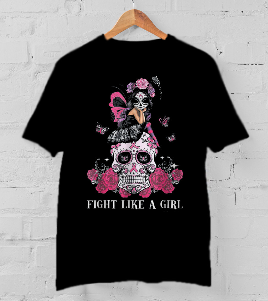 Fight Like A Girl Sugar Skull Butterfly Roses T-Shirt