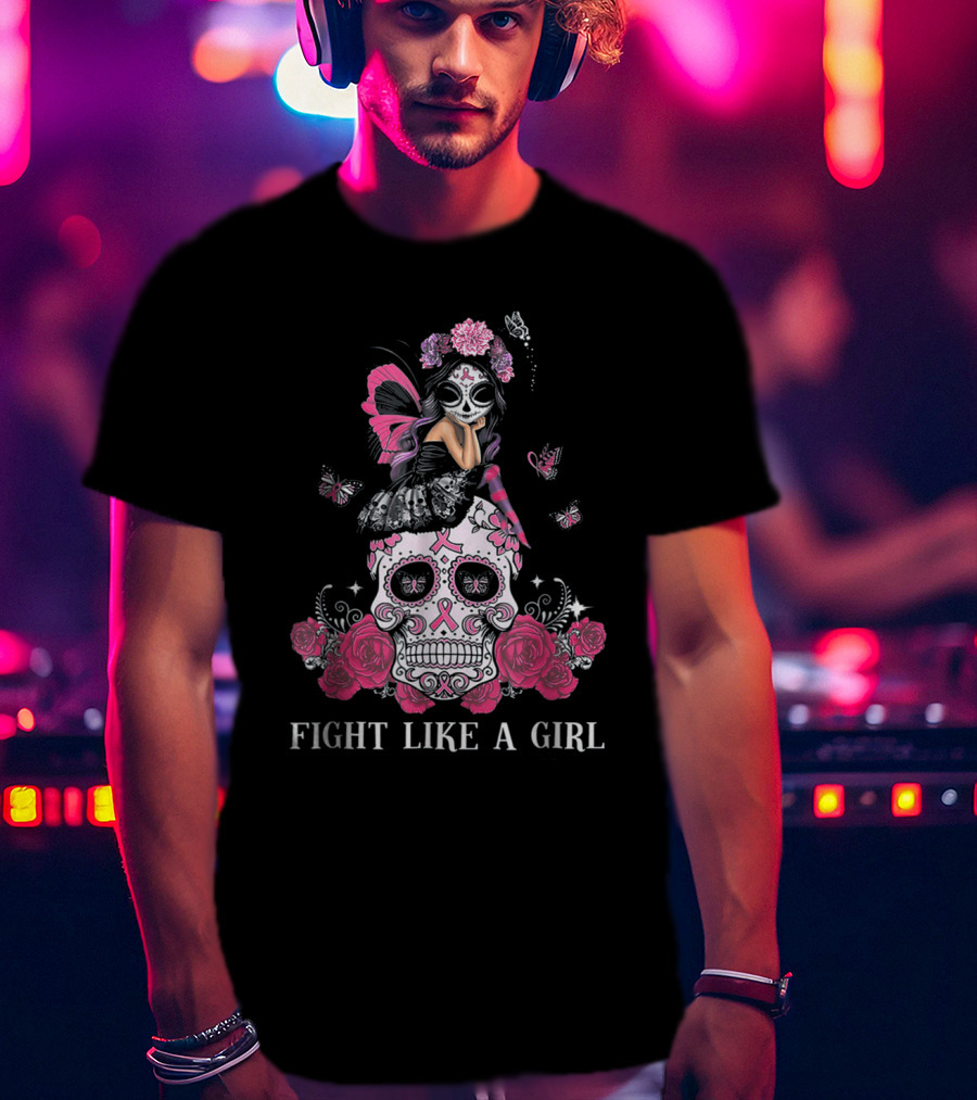 Fight Like A Girl Sugar Skull Butterfly Roses T-Shirt
