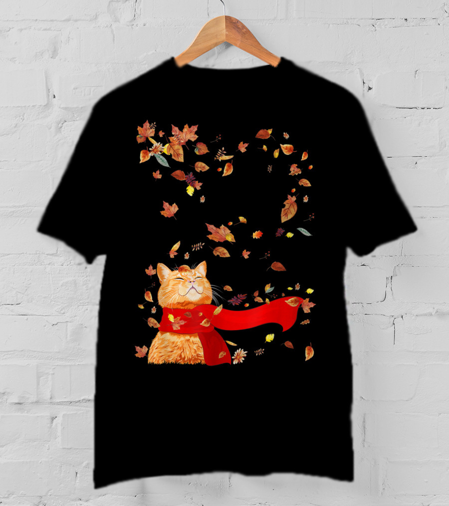 Hello Autumn Maple Leaf Fall Funny Cat Kitten Lover T-Shirt