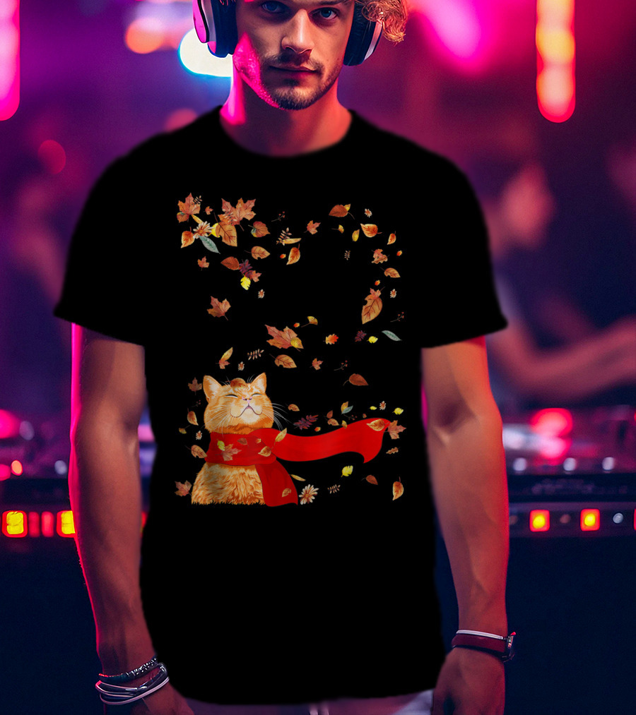 Hello Autumn Maple Leaf Fall Funny Cat Kitten Lover T-Shirt